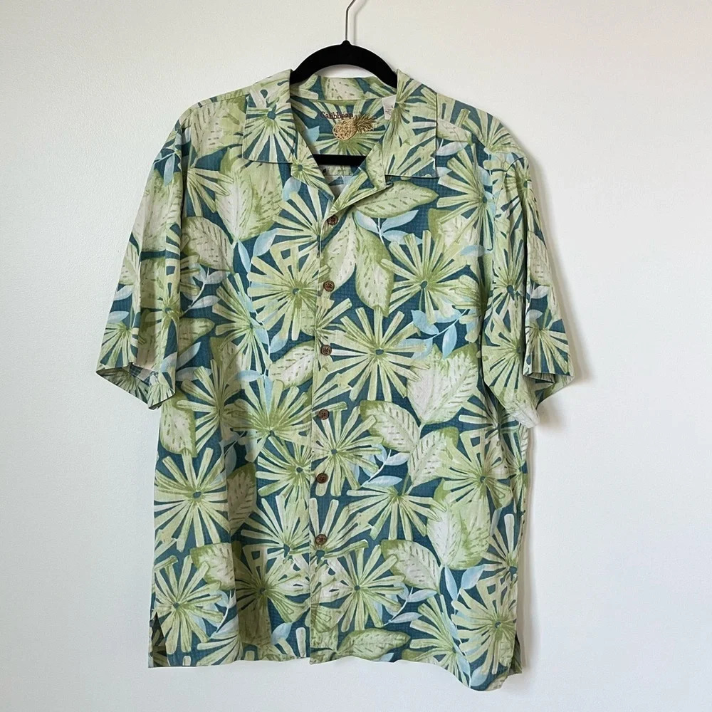 Mens Caribbean Pineapple Hawaiian Tropical Print Silk Shirt L